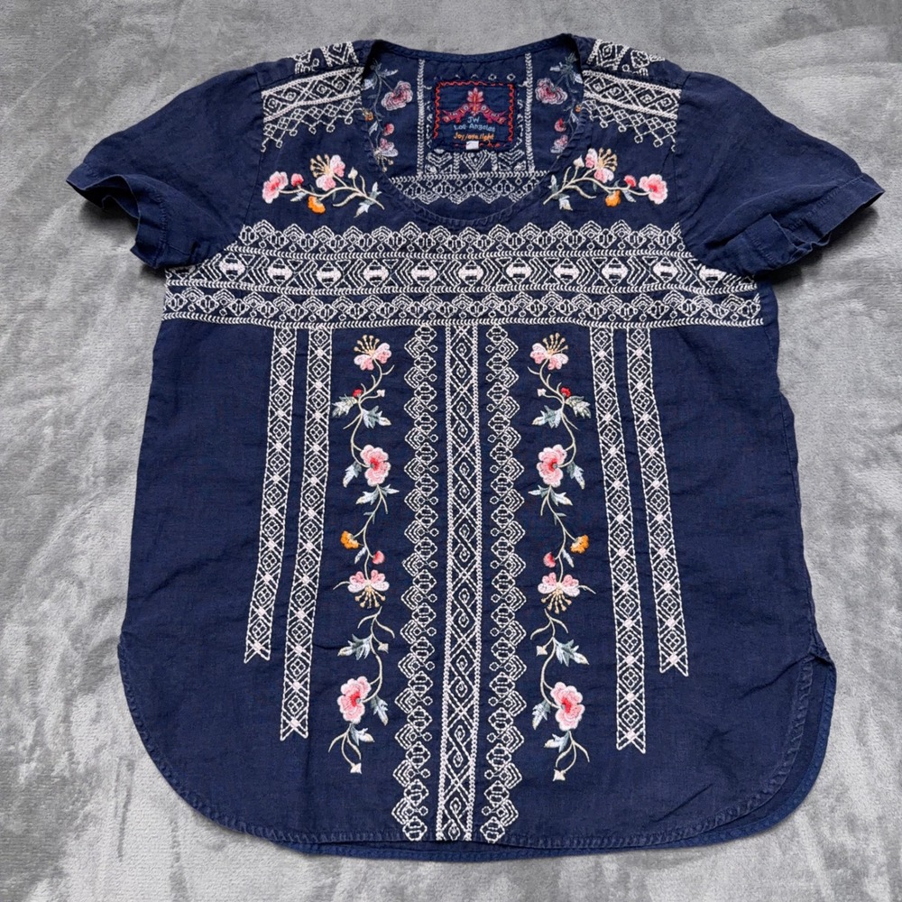 Johnny Was Embroidered Linen Blouse Womens S Navy Floral Boho Peasant All Over